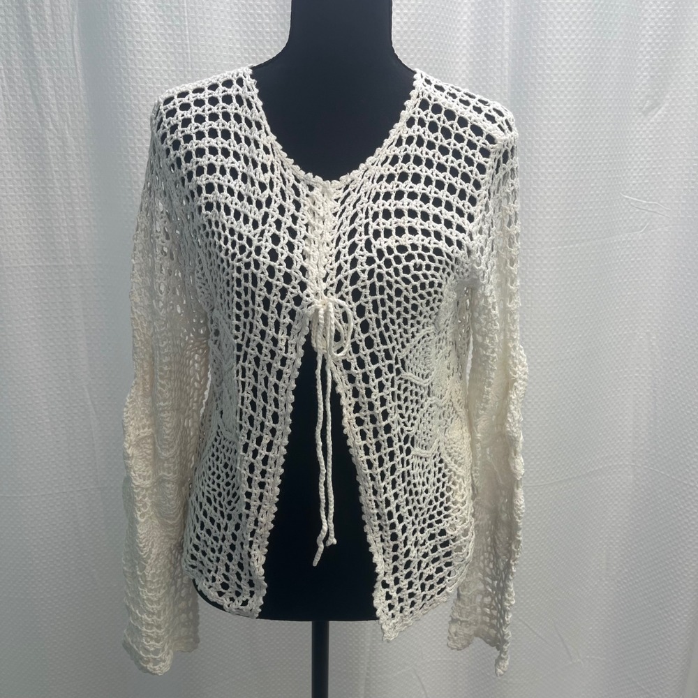 Route 66 White Crochet Cardigan Long Sleeve Floral Open Knit Tie Front Boho Y2K